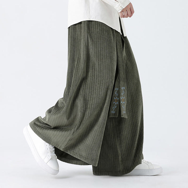 Buddha Stones Casual Embroidery Drawstring Design Men's Corduroy Wide Leg Pants With Pockets - image 6