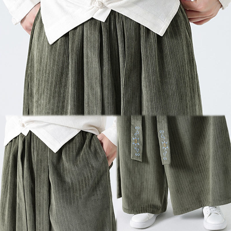 Buddha Stones Casual Embroidery Drawstring Design Men's Corduroy Wide Leg Pants With Pockets - image 12