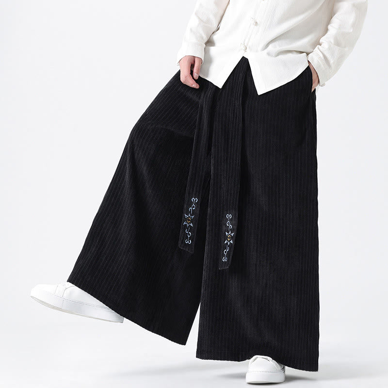 Buddha Stones Casual Embroidery Drawstring Design Men's Corduroy Wide Leg Pants With Pockets - image 21