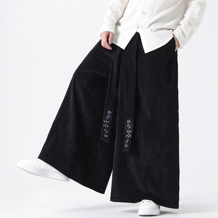 Buddha Stones Casual Embroidery Drawstring Design Men's Corduroy Wide Leg Pants With Pockets - image 21