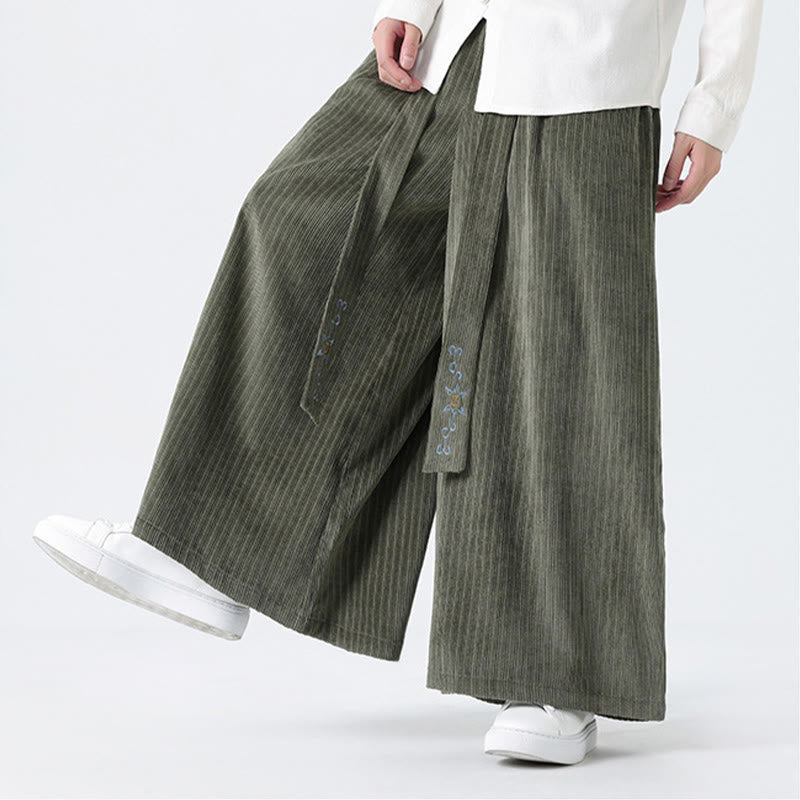 Buddha Stones Casual Embroidery Drawstring Design Men's Corduroy Wide Leg Pants With Pockets - image 10