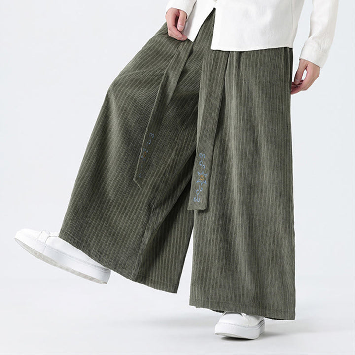 Buddha Stones Casual Embroidery Drawstring Design Men's Corduroy Wide Leg Pants With Pockets - image 10