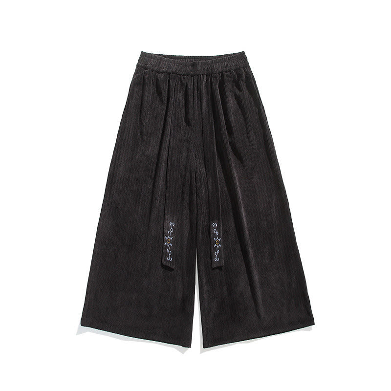 Buddha Stones Casual Embroidery Drawstring Design Men's Corduroy Wide Leg Pants With Pockets - image 22