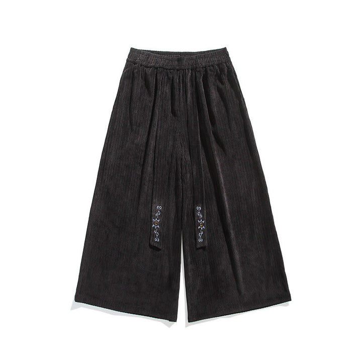 Buddha Stones Casual Embroidery Drawstring Design Men's Corduroy Wide Leg Pants With Pockets - image 22