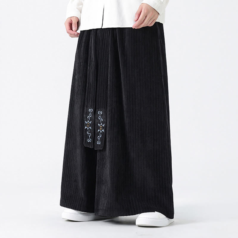 Buddha Stones Casual Embroidery Drawstring Design Men's Corduroy Wide Leg Pants With Pockets - image 20