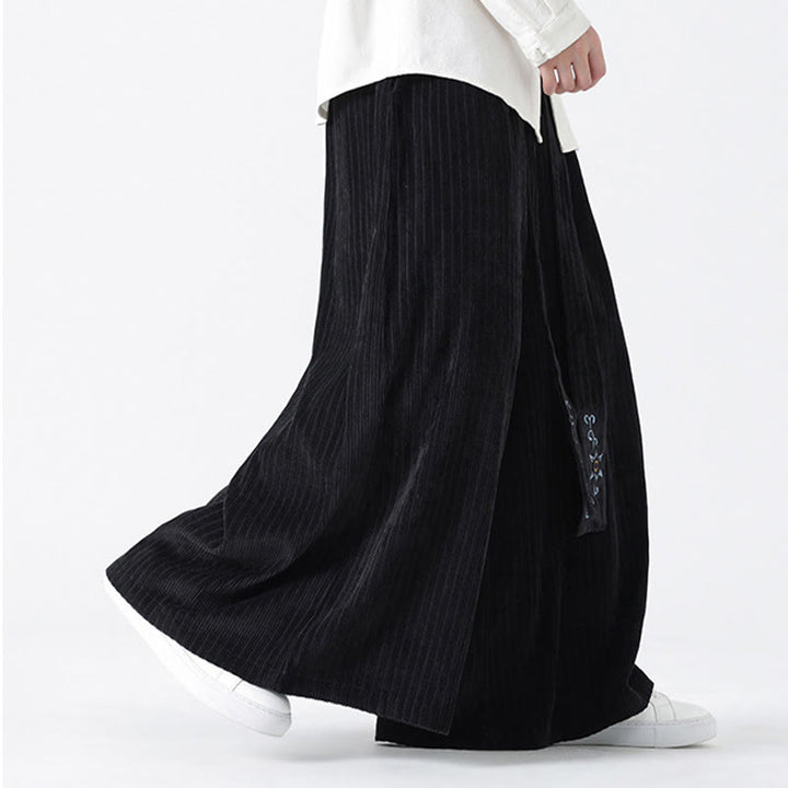 Buddha Stones Casual Embroidery Drawstring Design Men's Corduroy Wide Leg Pants With Pockets - image 16