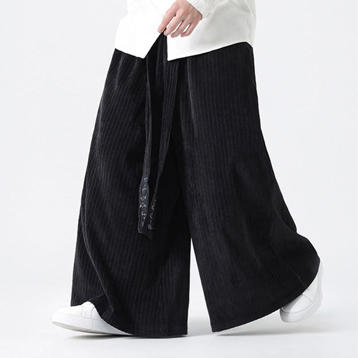 Buddha Stones Casual Embroidery Drawstring Design Men's Corduroy Wide Leg Pants With Pockets - image 17