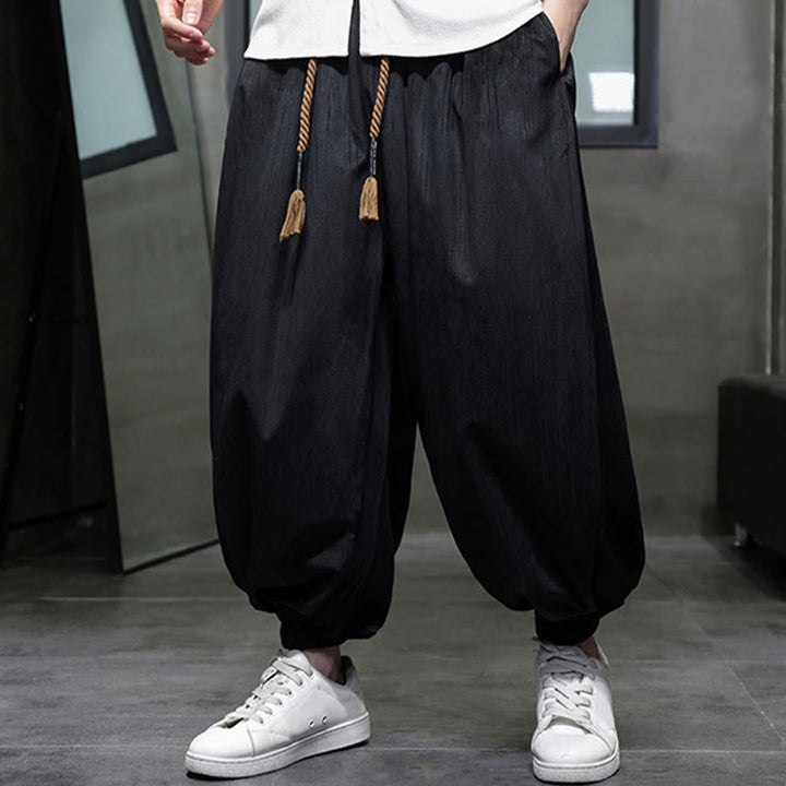 Buddha Stones Casual Daily Pure Color Drawstring Design Men's Harem Pants With Pockets - image 5