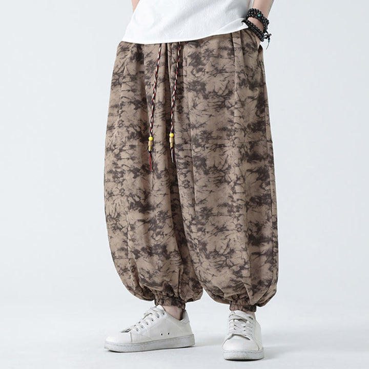Buddha Stones Retro Casual Drawstring Design Floral Pattern Men's Harem Pants With Pockets - Tan - US/UK/AU48,EU58(5XL) - image 1