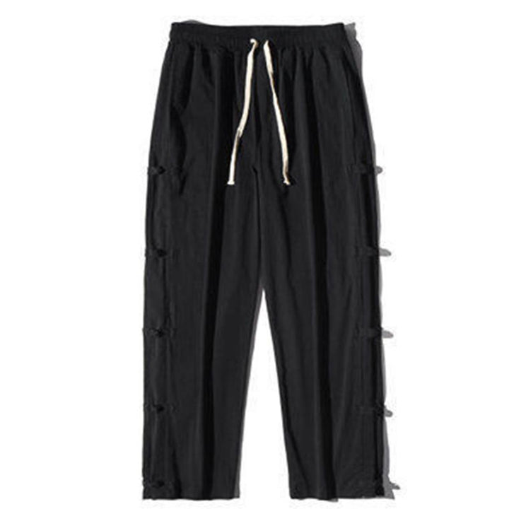 Buddha Stones Casual Patchwork Crane Pattern Frog-Button Design Men's Wide Leg Pants With Pockets - image 10
