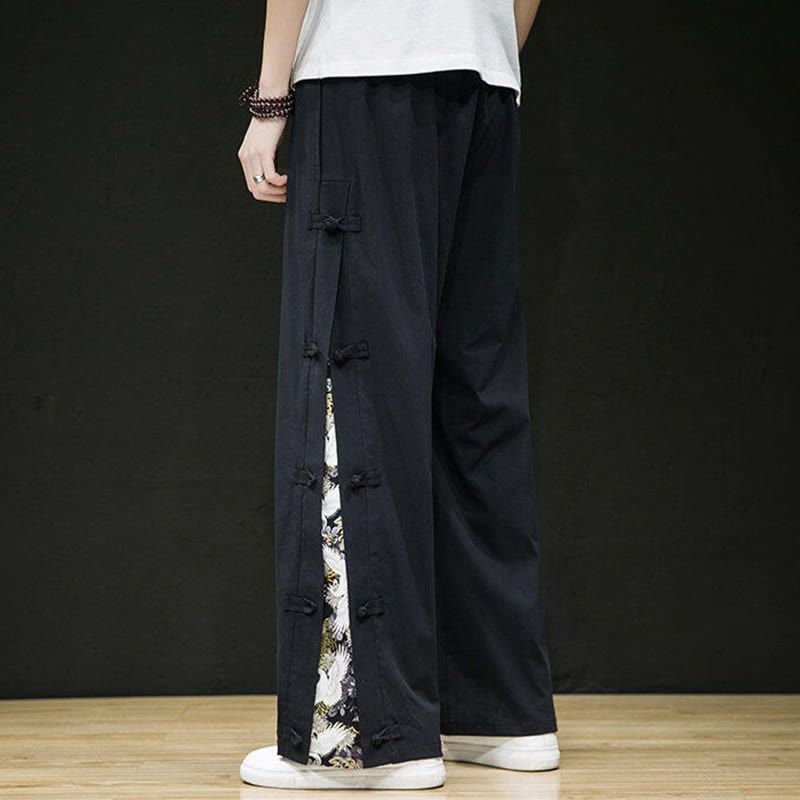 Buddha Stones Casual Patchwork Crane Pattern Frog-Button Design Men's Wide Leg Pants With Pockets - image 3