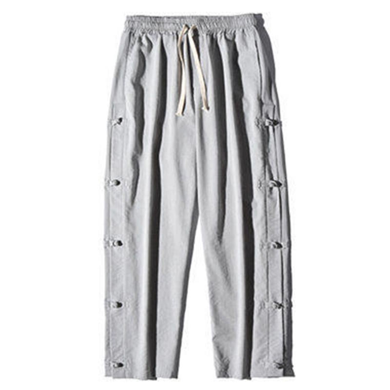 Buddha Stones Casual Patchwork Crane Pattern Frog-Button Design Men's Wide Leg Pants With Pockets - image 21