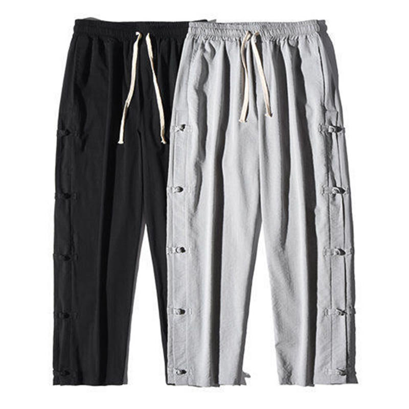 Buddha Stones Casual Patchwork Crane Pattern Frog-Button Design Men's Wide Leg Pants With Pockets - image 31