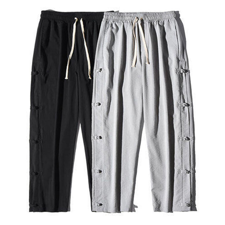 Buddha Stones Casual Patchwork Crane Pattern Frog-Button Design Men's Wide Leg Pants With Pockets - image 31