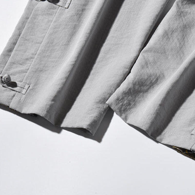 Buddha Stones Casual Patchwork Crane Pattern Frog-Button Design Men's Wide Leg Pants With Pockets - image 30