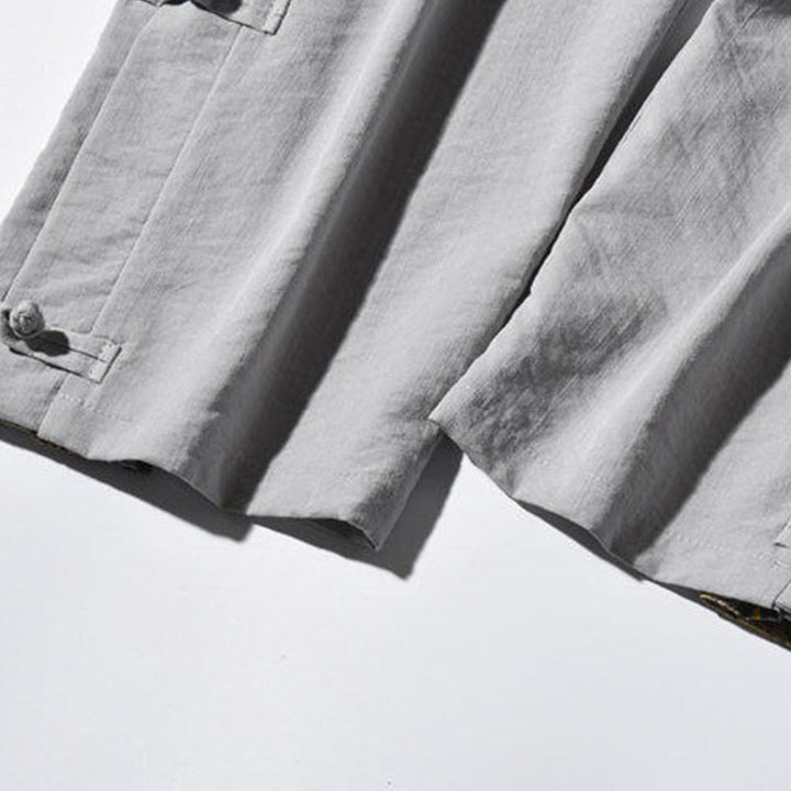 Buddha Stones Casual Patchwork Crane Pattern Frog-Button Design Men's Wide Leg Pants With Pockets - image 30