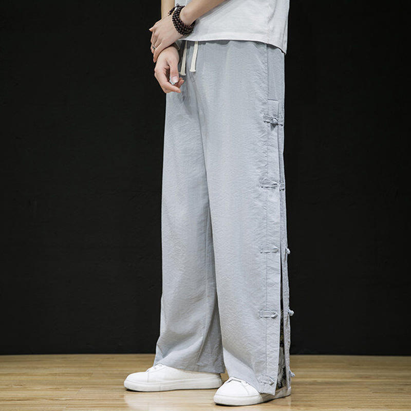 Buddha Stones Casual Patchwork Crane Pattern Frog-Button Design Men's Wide Leg Pants With Pockets - image 14
