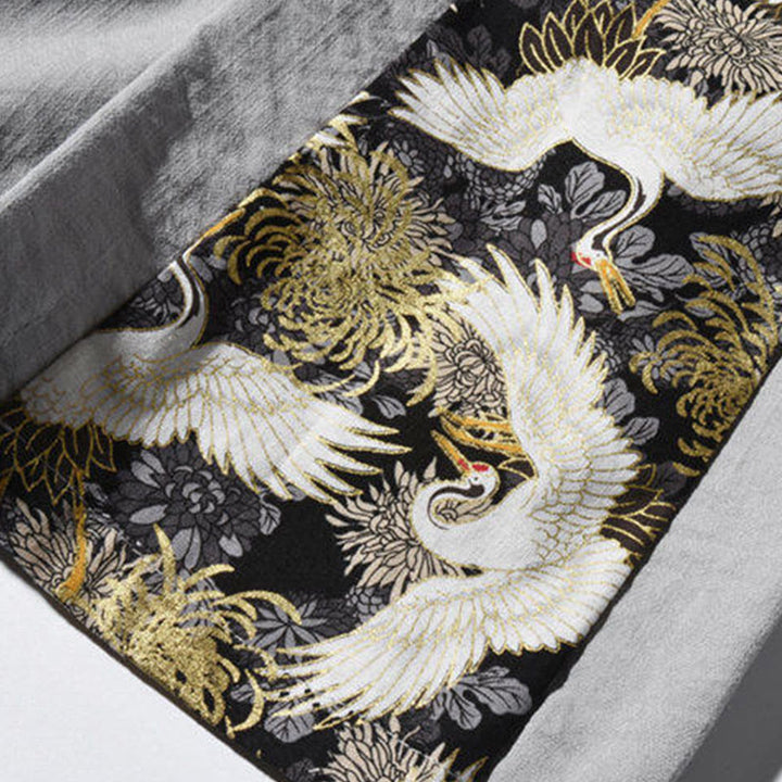 Buddha Stones Casual Patchwork Crane Pattern Frog-Button Design Men's Wide Leg Pants With Pockets - image 28