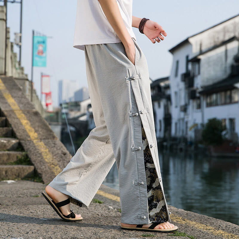 Buddha Stones Casual Patchwork Crane Pattern Frog-Button Design Men's Wide Leg Pants With Pockets - LightGrey - US/UK/AU46,EU56 (5XL) - image 12