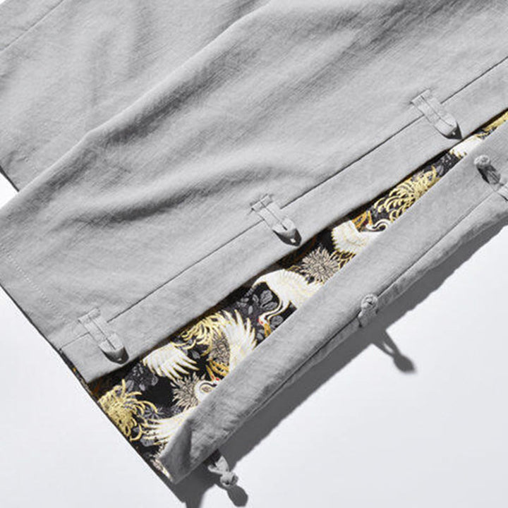 Buddha Stones Casual Patchwork Crane Pattern Frog-Button Design Men's Wide Leg Pants With Pockets - image 29