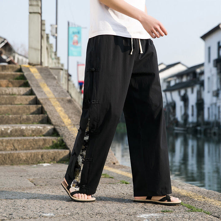 Buddha Stones Casual Patchwork Crane Pattern Frog-Button Design Men's Wide Leg Pants With Pockets - image 2