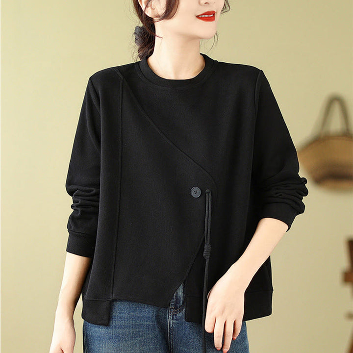 Buddha Stones Fall Plain Button Crew Neck Cotton Pullover Women's Sweatshirt  - Black - US12,UK/AU16,EU44 (2XL) - image 1