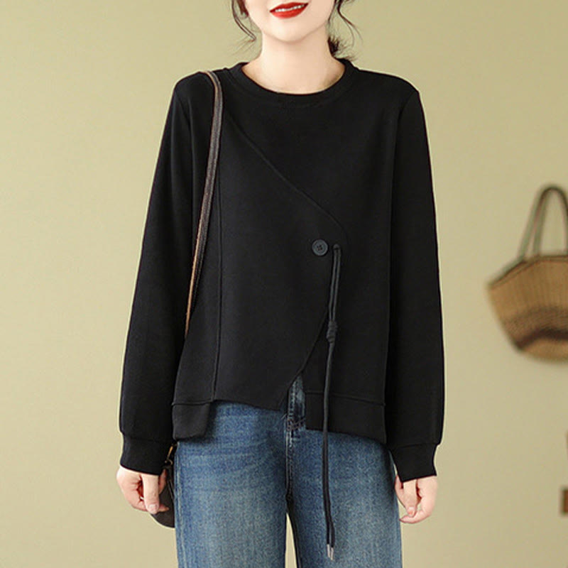 Buddha Stones Fall Plain Button Crew Neck Cotton Pullover Women's Sweatshirt  - image 2