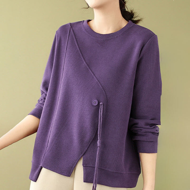 Buddha Stones Fall Plain Button Crew Neck Cotton Pullover Women's Sweatshirt  - Purple - US12,UK/AU16,EU44 (2XL) - image 12