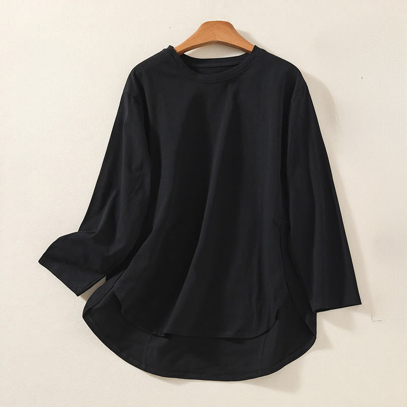 Buddha Stones Casual Pure Irregular Hem Cotton Linen Women's Long Sleeve T-shirt - Black - US14,UK/AU18,EU46 (2XL) - image 8