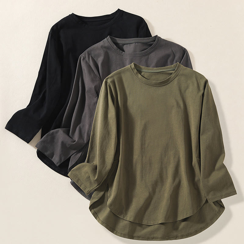 Buddha Stones Casual Pure Irregular Hem Cotton Linen Women's Long Sleeve T-shirt - image 20