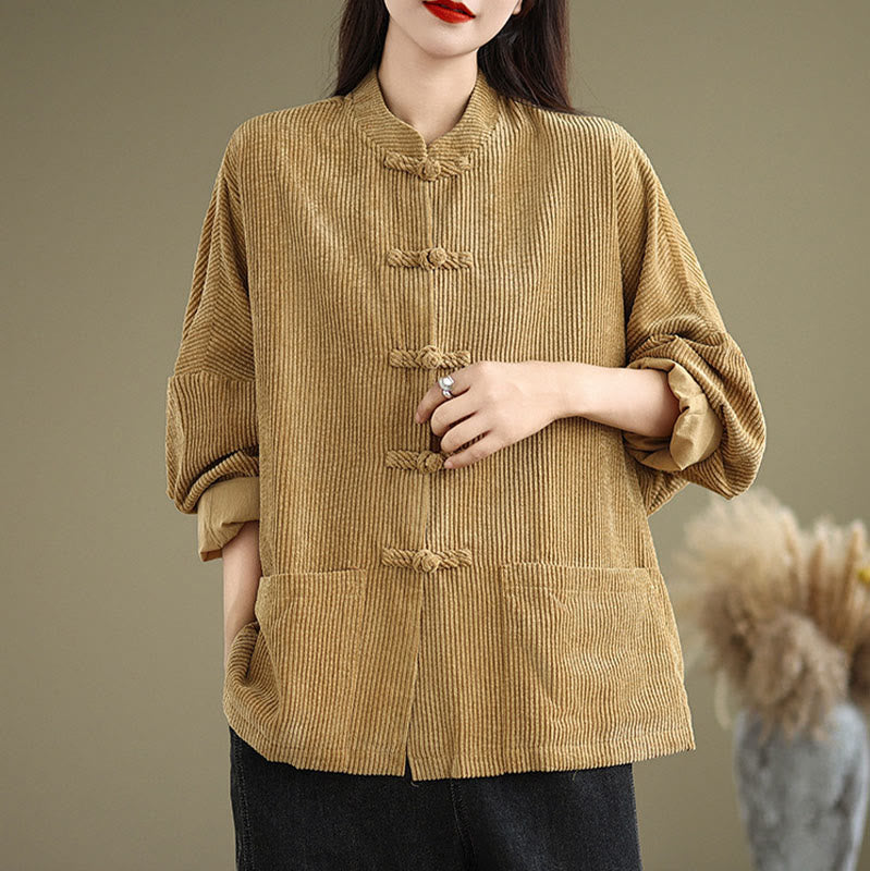 Buddha Stones Frog-button Stand Collar Women's Cotton Linen Corduroy Jacket - image 5