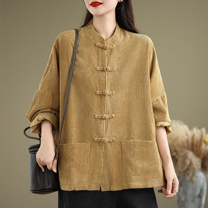 Buddha Stones Frog-button Stand Collar Women's Cotton Linen Corduroy Jacket - image 2