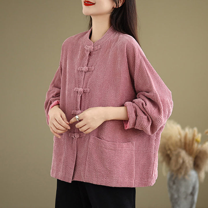 Buddha Stones Frog-button Stand Collar Women's Cotton Linen Corduroy Jacket - image 14