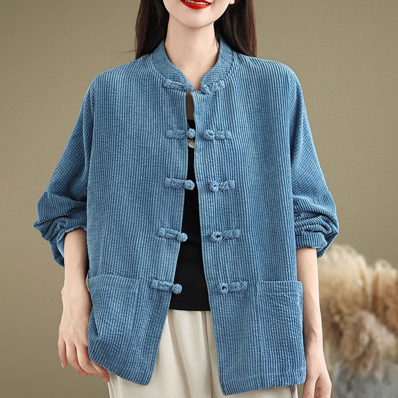 Buddha Stones Frog-button Stand Collar Women's Cotton Linen Corduroy Jacket - image 20