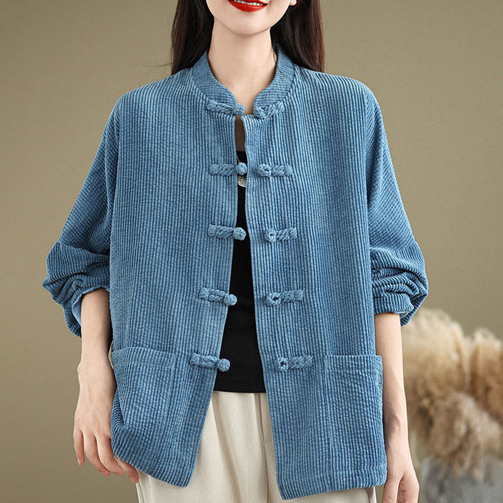 Buddha Stones Frog-button Stand Collar Women's Cotton Linen Corduroy Jacket - image 20