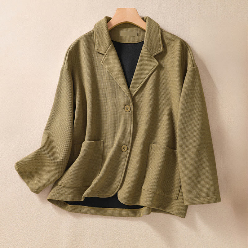Buddha Stones Plain Lapel Women's Cotton Jacket With Pockets - Olive - US12,UK/AU16,EU44 (XL) - image 1