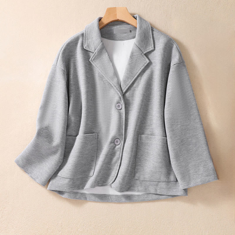 Buddha Stones Plain Lapel Women's Cotton Jacket With Pockets - Silver - US12,UK/AU16,EU44 (XL) - image 11