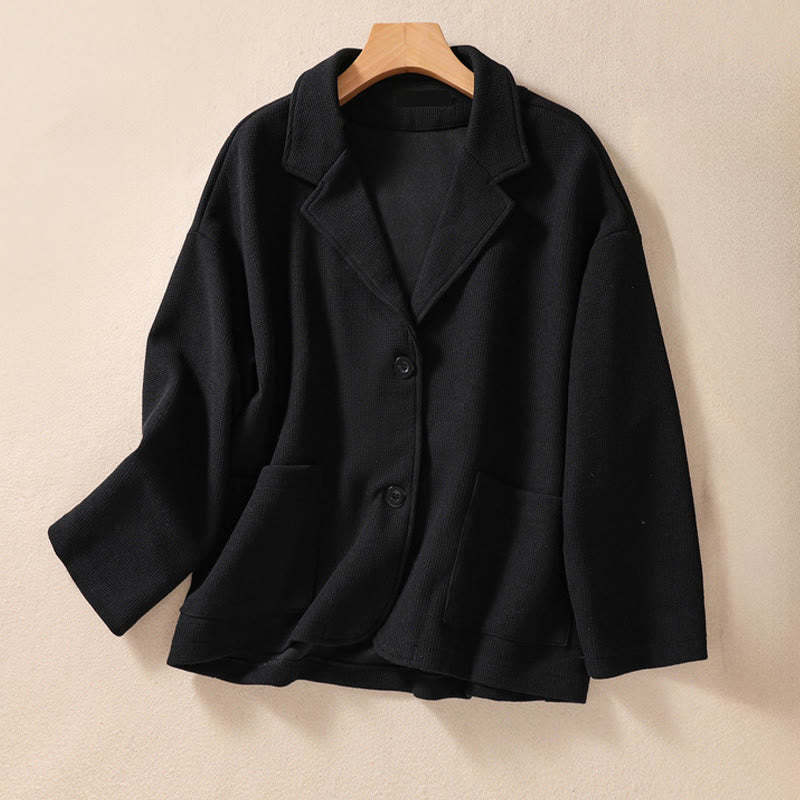 Buddha Stones Plain Lapel Women's Cotton Jacket With Pockets - Black - US12,UK/AU16,EU44 (XL) - image 22