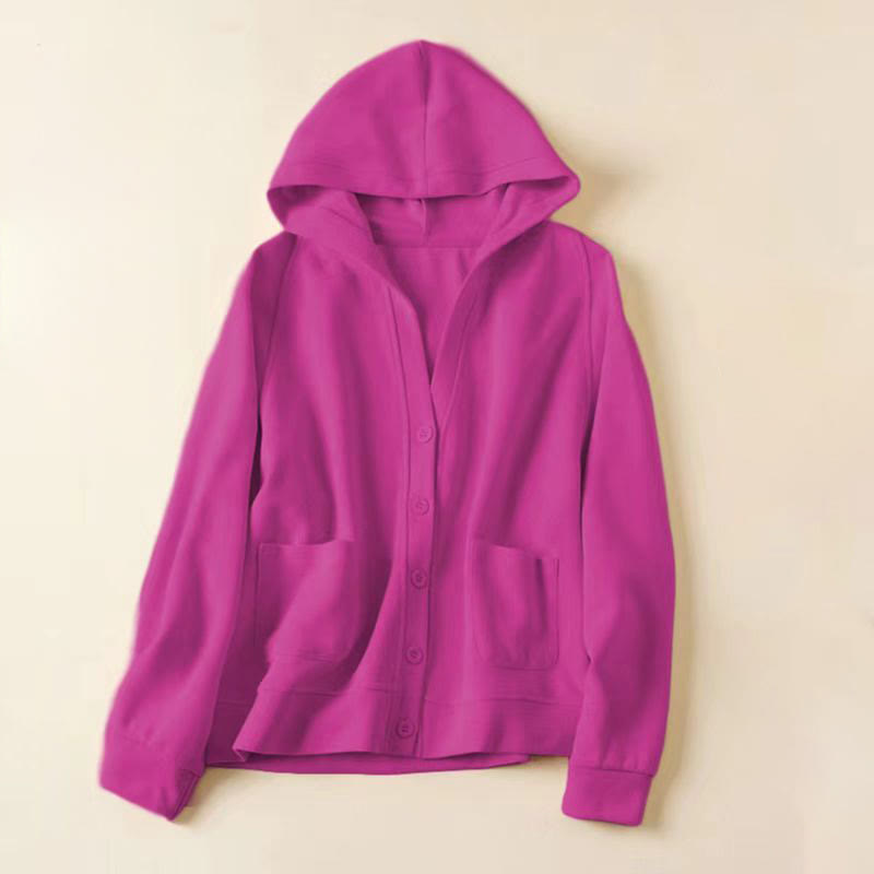 Buddha Stones Plain Buttons Women's Cotton Hooded Jacket With Pockets - MediumVioletRed - US12,UK/AU16,EU44 (2XL) - image 22