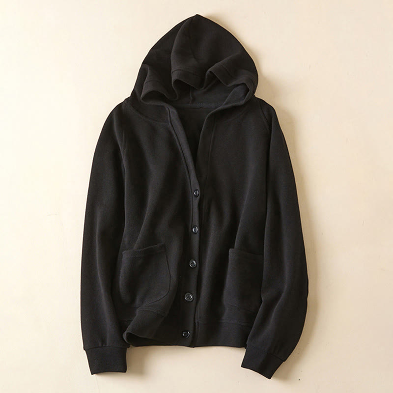 Buddha Stones Plain Buttons Women's Cotton Hooded Jacket With Pockets - Black - US12,UK/AU16,EU44 (2XL) - image 25