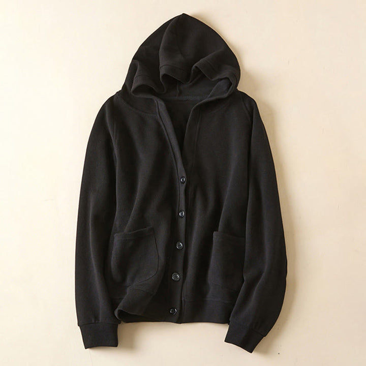 Buddha Stones Plain Buttons Women's Cotton Hooded Jacket With Pockets - Black - US12,UK/AU16,EU44 (2XL) - image 25