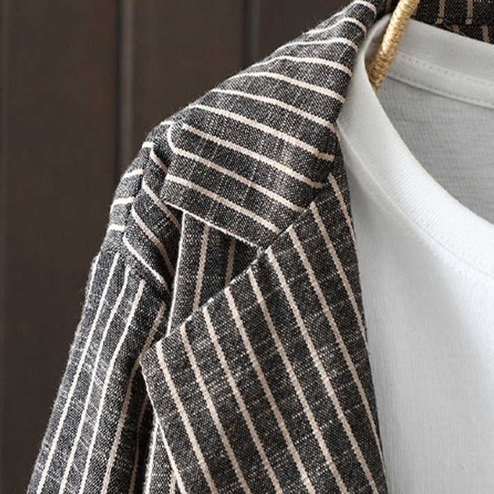 Buddha Stones Splicing Stripes Women's Cotton Linen Jacket With Pockets - image 2