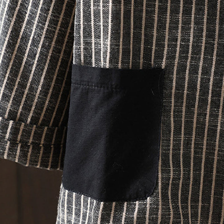 Buddha Stones Splicing Stripes Women's Cotton Linen Jacket With Pockets - image 4