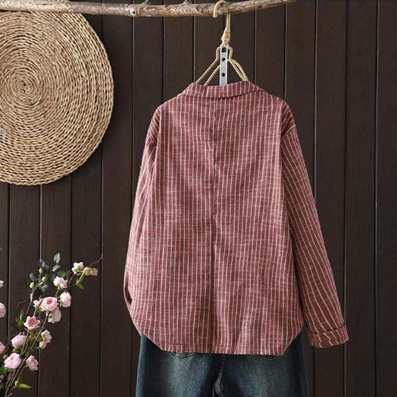 Buddha Stones Splicing Stripes Women's Cotton Linen Jacket With Pockets - image 8