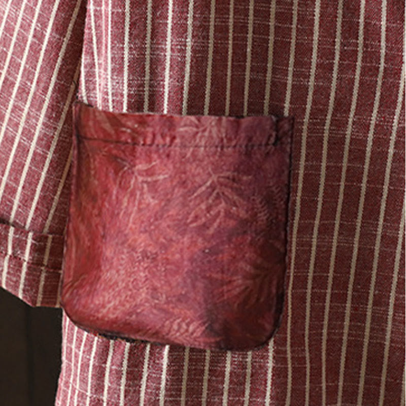 Buddha Stones Splicing Stripes Women's Cotton Linen Jacket With Pockets - image 14