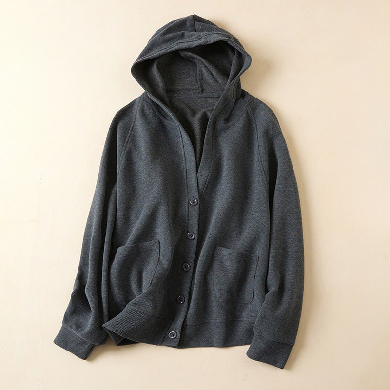 Buddha Stones Plain Buttons Women's Cotton Hooded Jacket With Pockets - DimGray - US12,UK/AU16,EU44 (2XL) - image 1