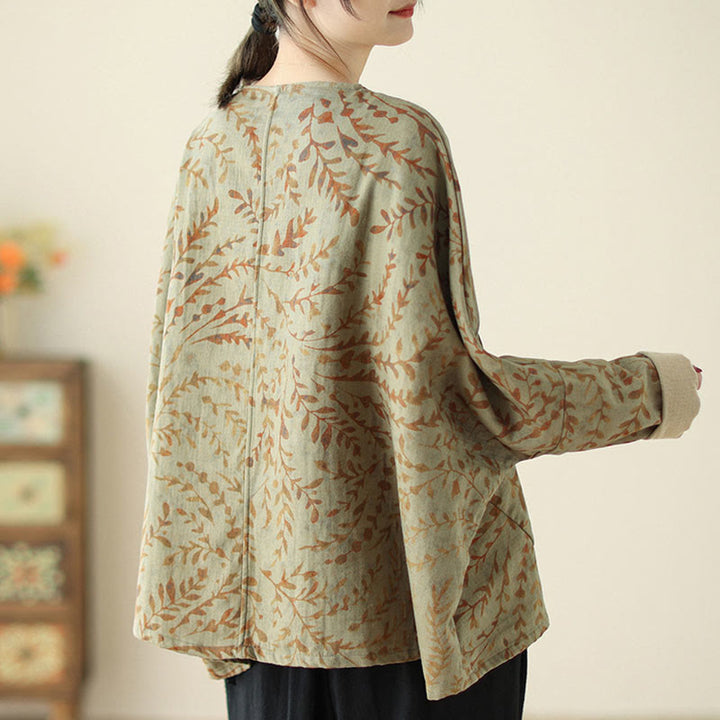 Buddha Stones Leaf Print Women's Cotton Linen Jacket With Pockets - image 6