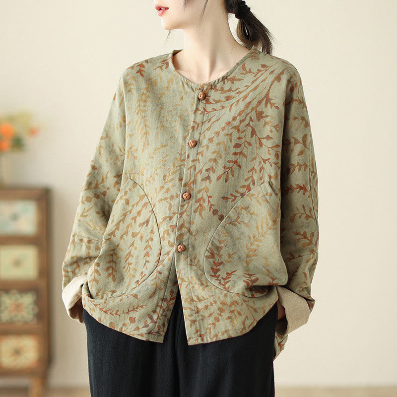Buddha Stones Leaf Print Women's Cotton Linen Jacket With Pockets - DarkKhaki - US14,UK/AU18,EU46 (2XL) - image 1