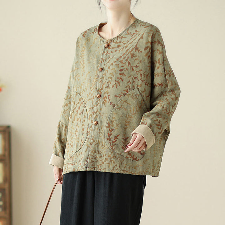 Buddha Stones Leaf Print Women's Cotton Linen Jacket With Pockets - image 4