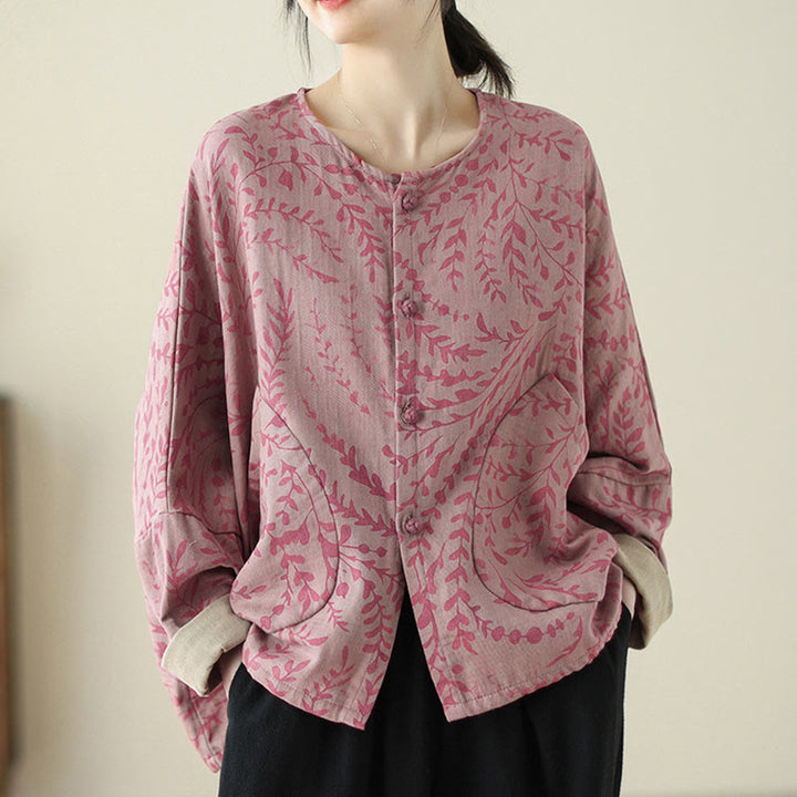 Buddha Stones Leaf Print Women's Cotton Linen Jacket With Pockets - image 9